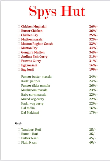 Spys hut menu 