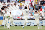 James Anderson celebrates getting the wicket of Kagiso Rabada.