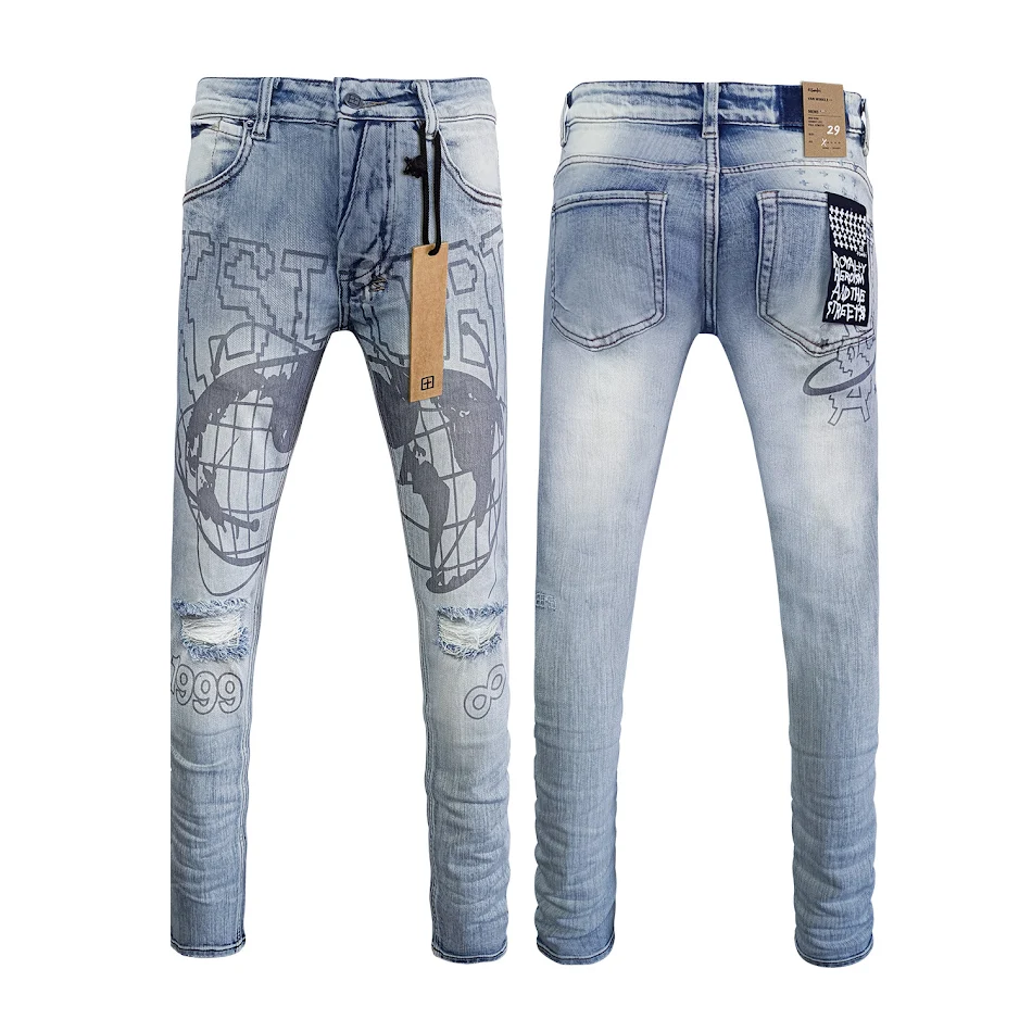 Calças jeans masculinas casuais americanas de rua, rasgadas e com stretch, para um visual moderno e confortável. Perfeitas para o dia a dia.