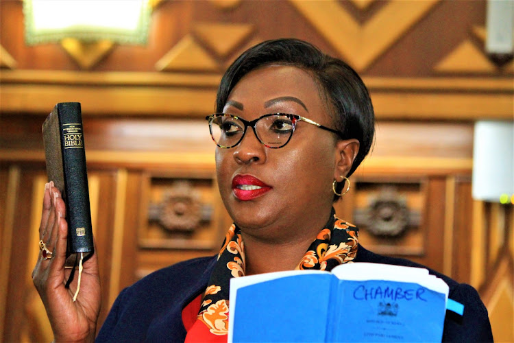 Nairobi county governor Ann Kananu takes oath before devolution committee to answer questions on the Pumwani maternity land grabbing in senate chambers on March.16th.2022.