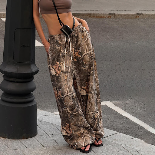 Title 5, Retro Branch Print Loose Low Waist Elastic Draw...