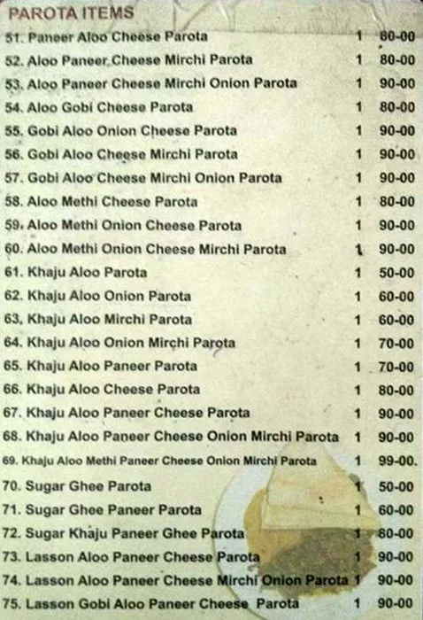 Ruchi Punjabi Paratha menu 