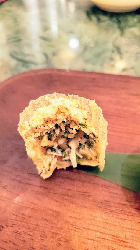 Homemade Kueh Pie Tee Shell with Boston Lobster, Chincalok Dressing, Laksa Leaf as part of the Starters at an Ahma-kase Dinner at Candlenut for Peranakan Food