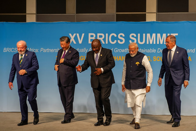 Luiz Inacio Lula da Silva, Xi Jinping, Cyril Ramaphosa, Narendra Modi and Sergei Lavrov at the Brics summit. Picture: ALET PRETORIUS