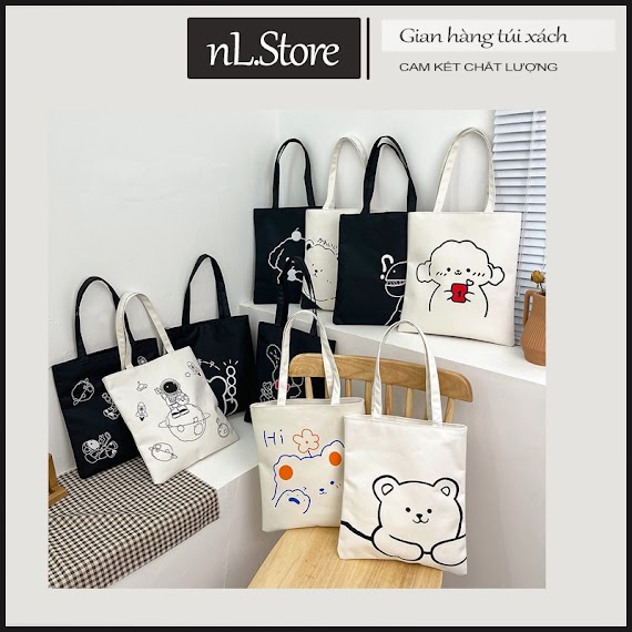 Túi Tote Vải Canvas Đeo Vai Hàn Quốc In Họa Tiết Gấu Xinh, Túi Vải Tote Đi Hoc Co Khoa Keo Tiên Lơi Nl.store