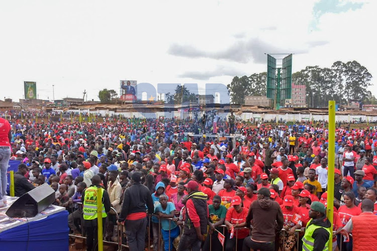 Richard Ngatia’s supporters show up in large numbers at Kihumbuini grounds in Kangemi during his endorsement as a Nairobi governor candidate on April 10, 2022.