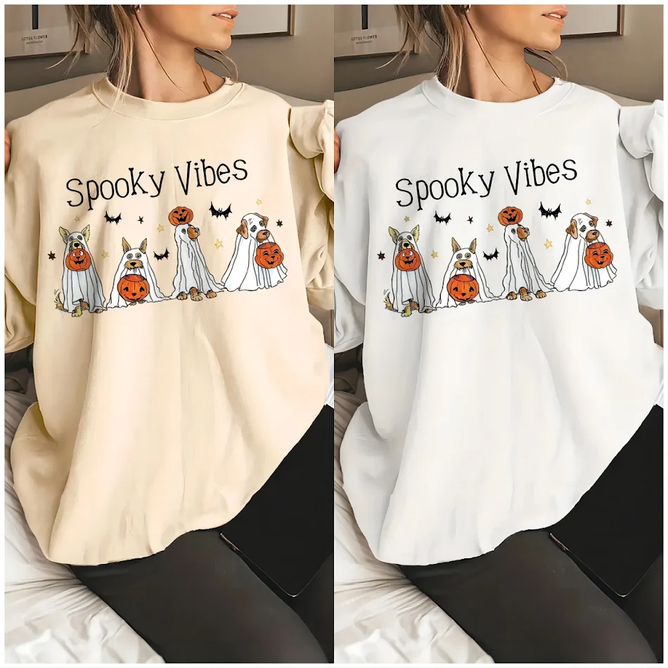 Halloween hondenprint sweatshirt, casual met lange mouwen, perfect voor de herfst. Comfortabel en leuk voor hondenliefhebbers.