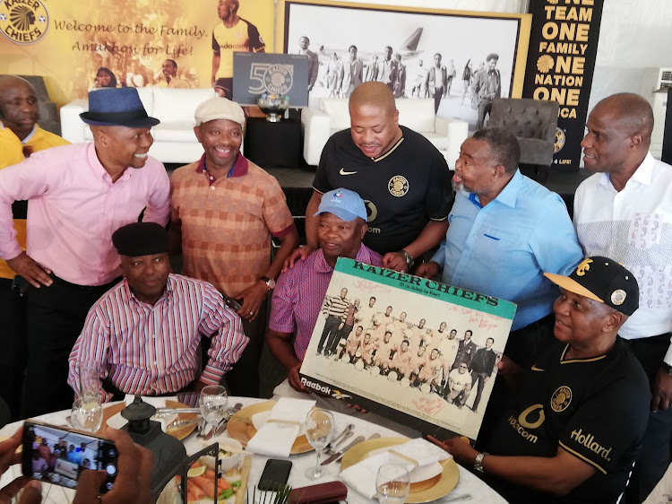 Kaizer Chiefs chairman Kaizer Motaung (wearing a cap) with the club's officials and former players including politician UDM leader Bantu Holomisa in Soweto on January 7 2020.