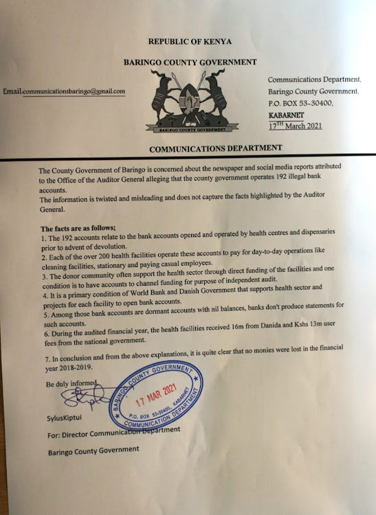 The letter from Baringo communications department to counteract claims of illegal operation of 192 bank accounts, dated March 17.