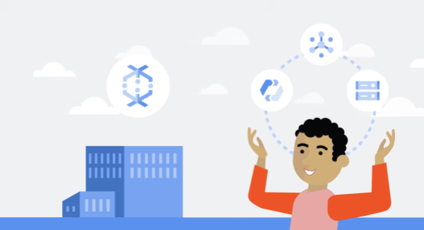 Vignette d'un grand bâtiment avec l'icône Datflow au-dessus et, à droite, un homme jonglant avec des icônes Pub/Sub, Cloud Storage et Cloud AutoML