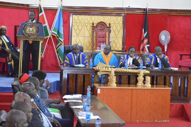 Kisumu Governor Anyang Nyong'o addresses the county assembly.