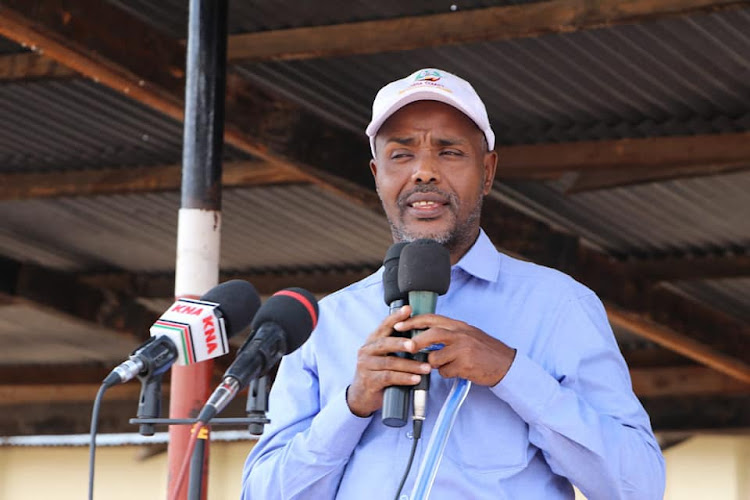 Garissa county executive for trade and enterprise development Adow Jubat speaking at Garissa Primary School on Thursday.