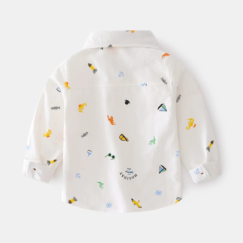 Camisa infantil de manga longa com estampa de desenho animado, gola lapela, casual e estilosa. Camisa legal para crianças.