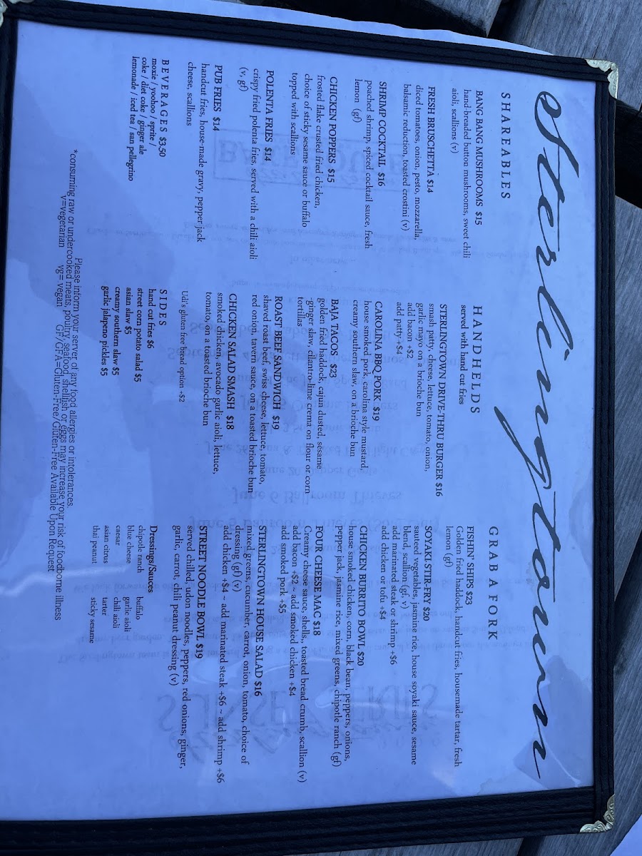 Sterlingtown Public House gluten-free menu