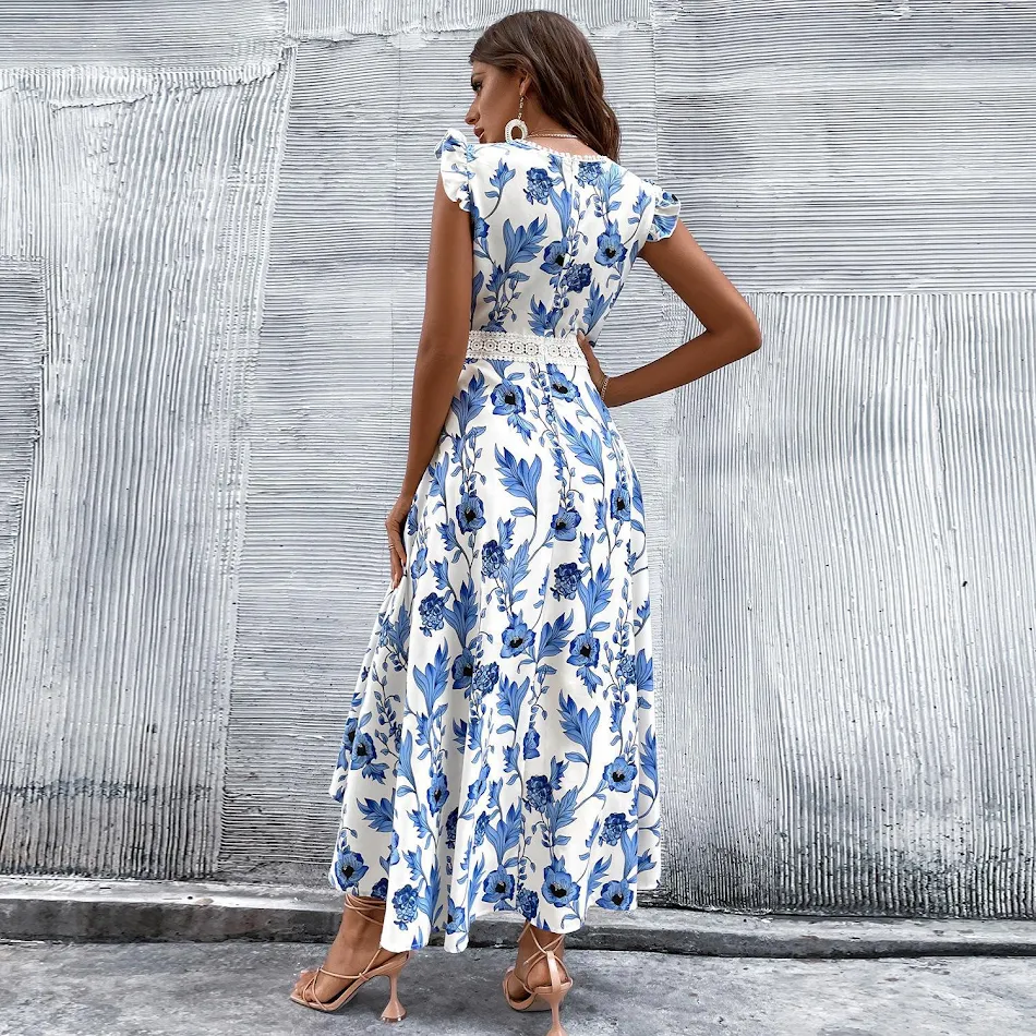 Damen-Spitzen-Patchwork-Kleid im europäischen und amerikanischen Stil. Bedrucktes Spitzenkleid für elegante Anlässe. Einzigartiger Look.