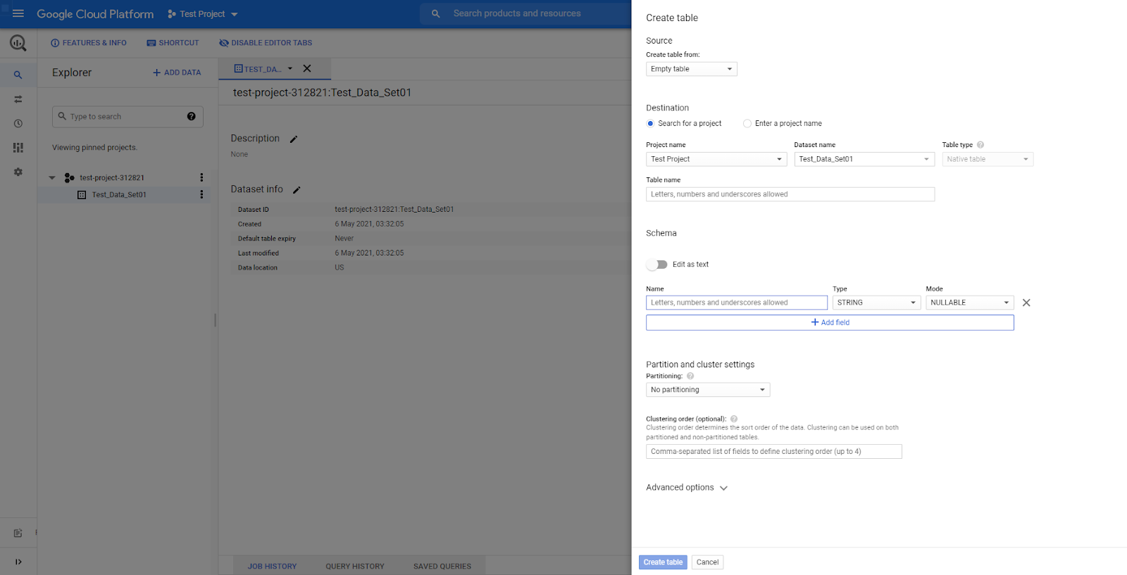 cloud console bigquery schema definition