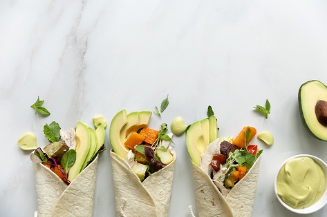 Roast veg and avo 'mayo' wraps.