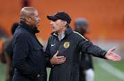 Kaizer Chiefs Football Manager Bobby Motaung in a discussion with head coach Giovanni Solinas during the Telkom Knockout match against  Black Leopards at the FNB Stadium in Johannesburg on October 21, 2018.