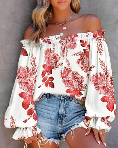 Title 5, Womens Printed Ruffle Collar Off-the-shoulder ...