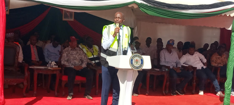 Outgoing Trade and Industry CS Moses Kuria speaking in Garissa.