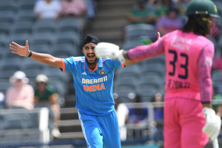 Arshdeep Singh of India celebrates the wicket of the Proteas' Rassie van der Dussen in the first One-Day International at the Wanderers in Johannesburg on Sunday.