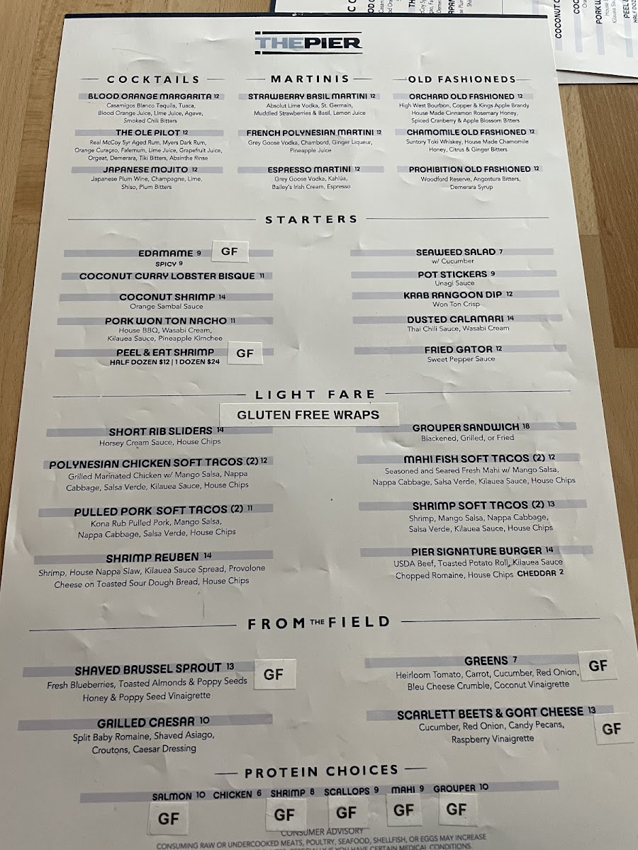 The Pier FV gluten-free menu