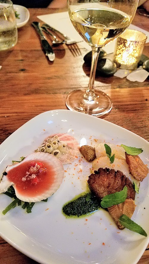 Fimbul PDX, an Icelandic pop up restaurant, course of scallop, green strawberries, elderflower, spruce Paired with Domaine Vaquer, Escapade Blanc 2015, Côtes Catalanes France