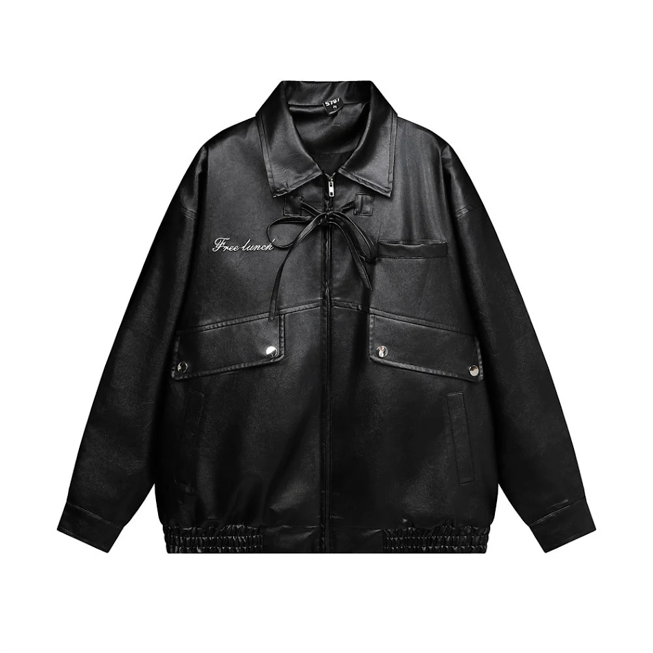 Giacca in pelle da moto Bow Tie Loose Abbigliamento moto loose. Design elegante, comfort e protezione per i motociclisti.