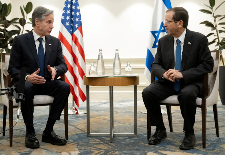 Israel’s President Isaac Herzog, right, and US secretary of state Antony Blinken hold talks in Tel Aviv, Israel, on November 30 2023. Picture: SAUL LOEB/REUTERS