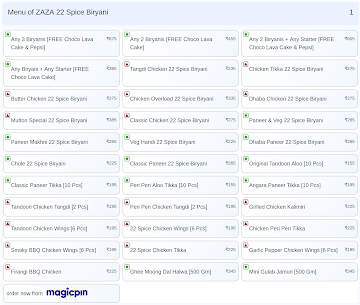 ZAZA Mughal Biryani menu 