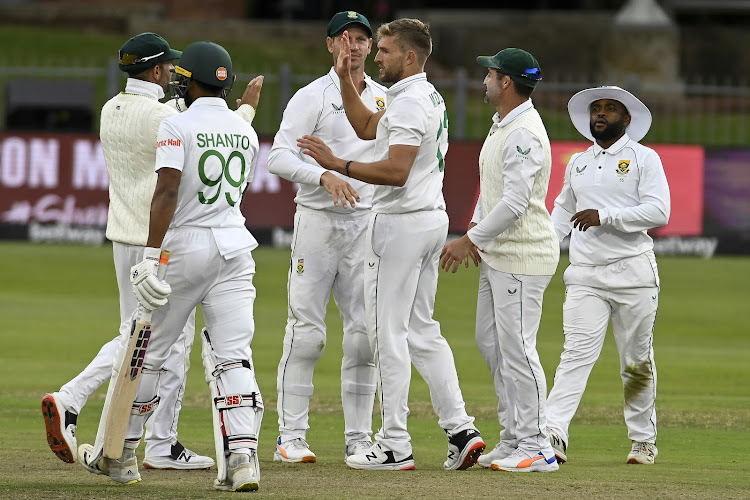 Proteas Wiaan Mulder celebrate after he got a wicket during the 2nd Test match against Bangladesh at St Georges Park in Gqeberha.