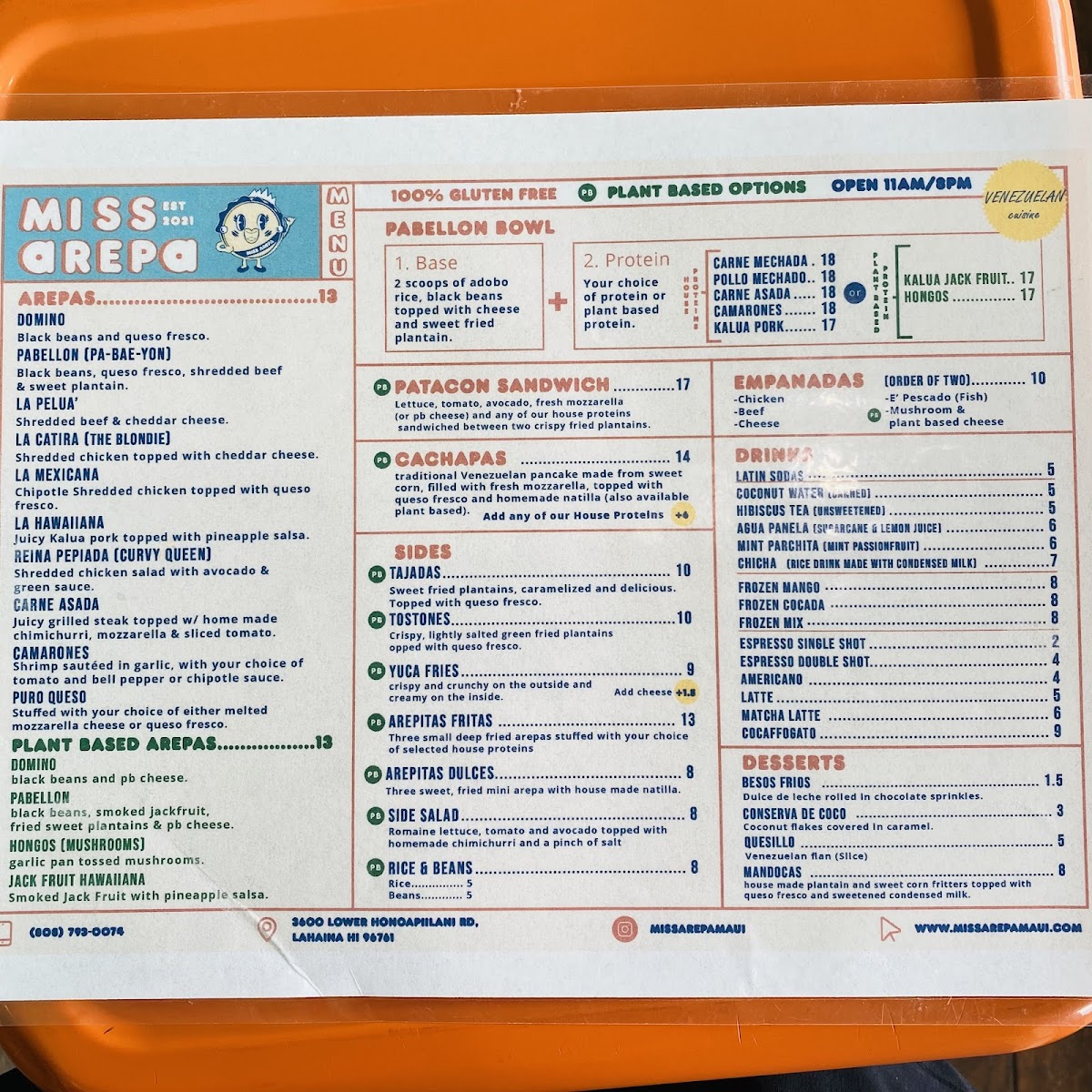 Miss Arepa gluten-free menu