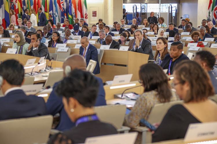 Delegates follow proceedings at the International Labour Conference in Geneva, Switzerland on June 15, 2023.