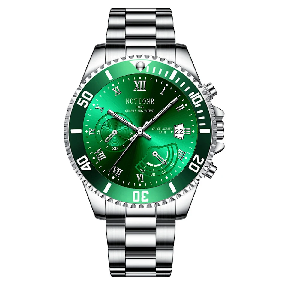 Reloj Cuarzo Sumergible Verde Acero Luminoso con Calendario Diseño Submariner. Perfecto para estilo y funcionalidad, resistente al agua.