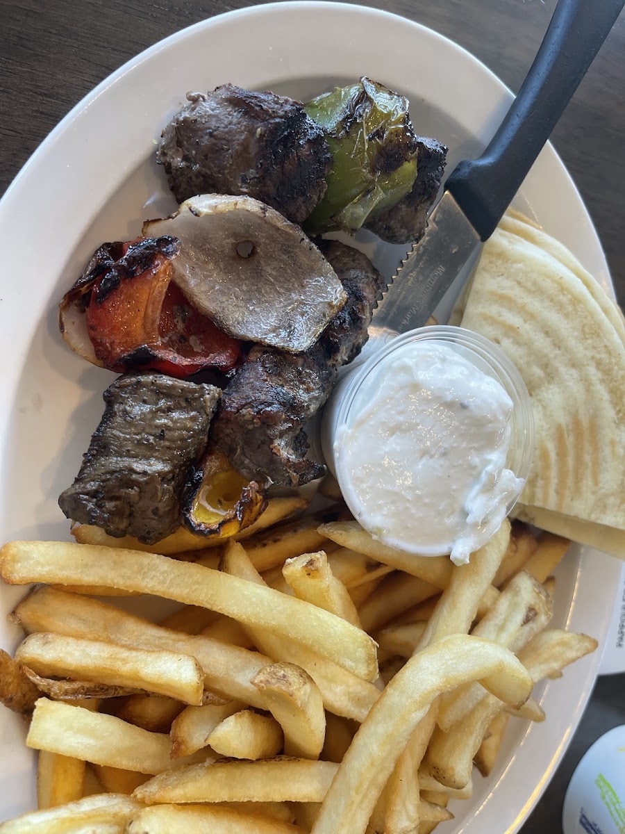 Gf pita with steak skewer. Subbed fries for green salad- don’t know if the fryer is used for other purposes.