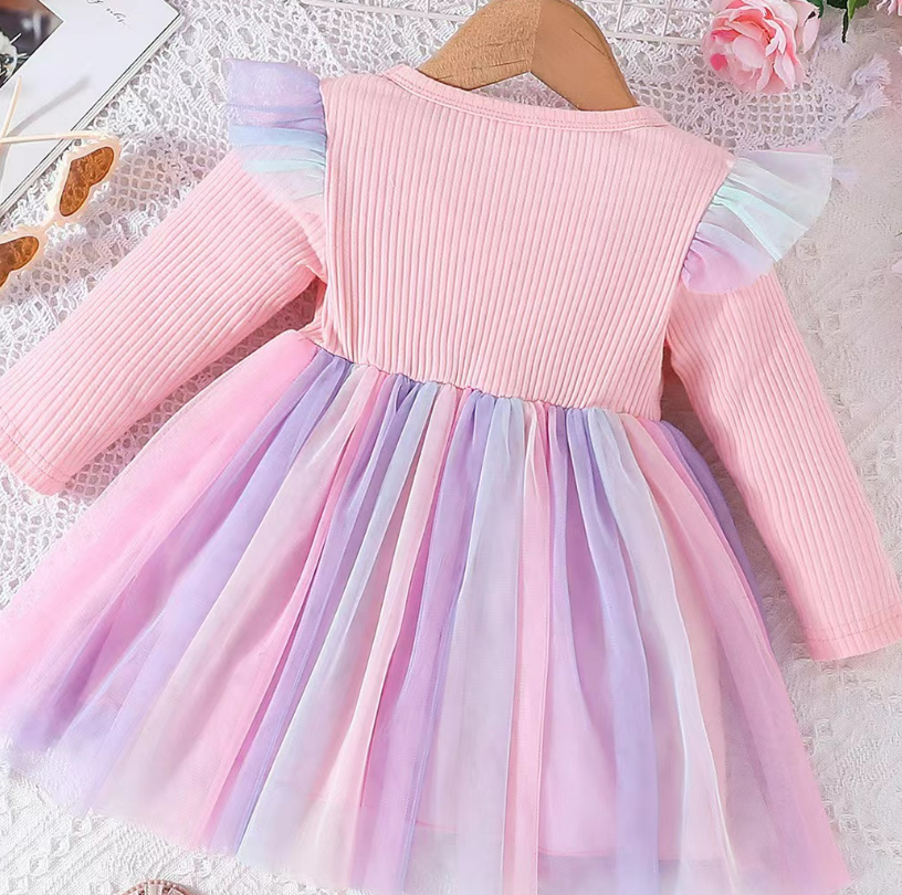 Vestido infantil Bow Mesh evasê bicolor, charmoso e confortável para crianças. Perfeito para eventos especiais e uso diário.