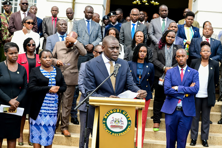 Nairobi Governor Johnson Sakaja addressing the media outside City Hall, Nairobi on November 7, 2023