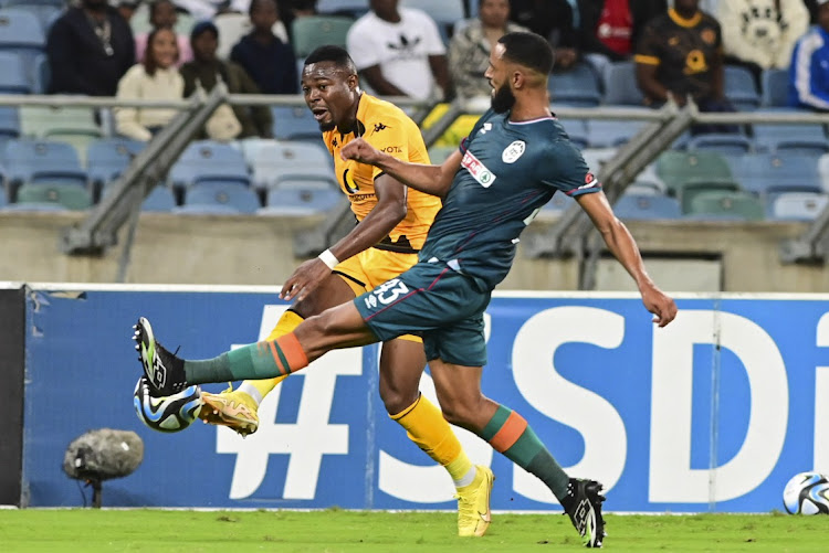 Kaizer Chiefs' Ranga Chivaviro is challenged by Taariq Fielies of AmaZulu in their 1-1 DStv Premiership draw at Moses Mabhida Stadium in Durban .