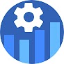 Blue circle icon with bar graph balancing gear wheel