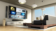 Modern 4K smart TV room with large windows and parquet floor. 