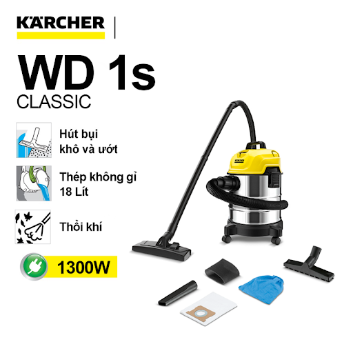 Máy hút bụi đa năng khô và ướt Karcher WD 1s Classic công suất 1300W dung tích 18 lít thép không gỉ