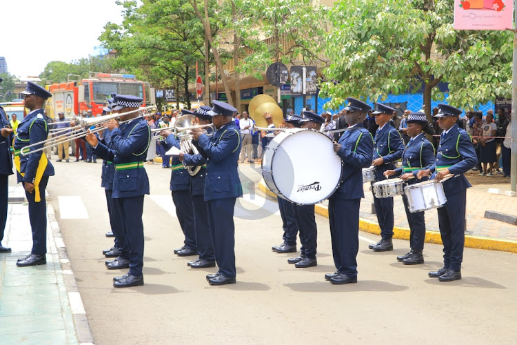 Officers from Nairobi City County inspectorate play their instruments ahead of Governor Johnson Sakaja's County Assembly address on the status of the county on April 4, 2024