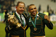 Bryan Habana and Jake White during the IRB 2007 Rugby World Cup final match between South Africa and England held at the Stade de France in St Denis, France.