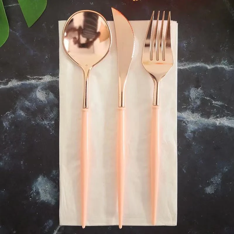 Disposable plastic cutlery set featuring fruit knife, cake knife, and small spoon. Perfect for picnics, parties, and cas