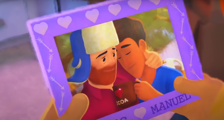 A screenshot from the new animated short 'Out' shows the lead character Greg (left) and his boyfriend Manuel.