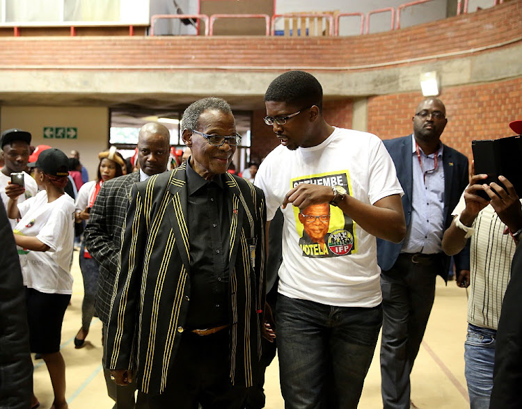 IFP leader Mangosuthu Buthelezi (left) and IFP Youth Brigade chairperson Mkhuleko Hlengwa (right) during the Mangosuthu University Of Technology SRC election campaign.