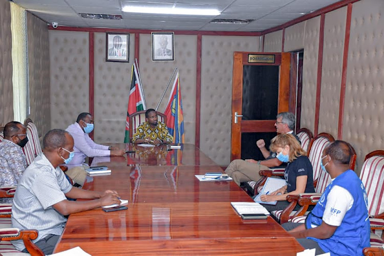 Garissa Deputy Governor Abdi Dagane when he held a meeting with a delegation led by UN-WFP Regional Director for East Africa.