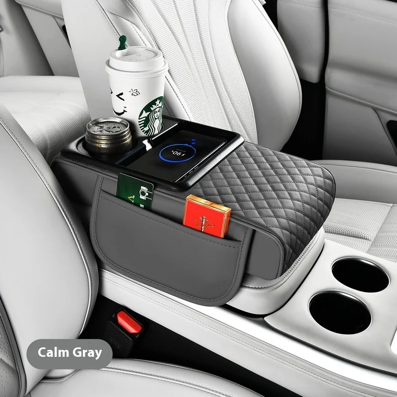 Capa de caixa de apoio de braço automotivo com carregamento sem fio inteligente, multifuncional, carregamento rápido, porta-copos e porta-lenços.