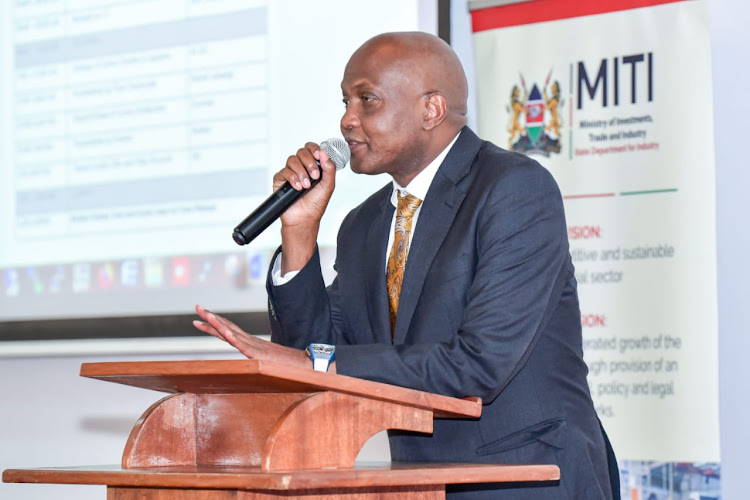 Trade Cabinet Secretary Moses Kuria speaking at textile stakeholders forum in Eldoret on August 14, 2023.