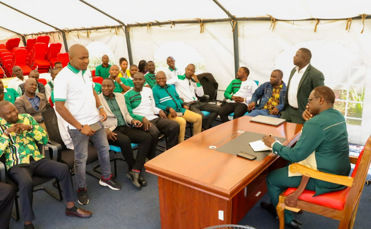 Bungoma Governor Ken Lusaka with Ford Kenya youth at the governor's residence in Mapera village, Kimilili constituency, April 18, 2024.